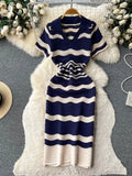 Gwmlk Short Sleeves Striped Long Dress Lapel Neck Hollow Out Slim Bodycon Sundress Fashion Hotsweet Knitted Beach Midi Dress