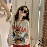 Gwmlk Cartoon Printed T-shirt Women 2024 Spring Summer Mid-length Tee Shirt Y2k Harajuku Half Sleeve Loose Female Tops