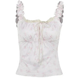 Gwmlk Aesthetic Y2K Floral Print Patchwork Lace Trim Babydoll Tops Cute Vintage Drawstring Square Neck Pink T-shirts