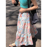 Gwmlk Plaid Print Mixed Loose Skirt for Women Y2k E-Girl Mid-length A-line Skirts 2024 Summer New High Waist Faldas Mujer