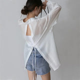 Gwmlk Sunscreen Shirt Women 2024 Summer Clothes Fashion Bandage Blouses Elegant Loose Long Sleeve See Through White Tops