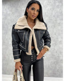 Gwmlk Leather Jackets Women PU Short Thick Warm Black Outwear Female Aviator Retro Lapel Velvet Coat New Year Winter Tops