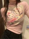 Gwmlk Yellow Short Sleeved T-shirt for Women 2024 Summer Fashion Slim Fit Tee Shirt Y2k Grunge O-neck Kawaii Cat Print Tops