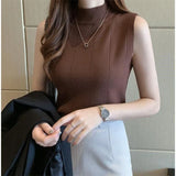 Gwmlk New Korean Fashion Half Turtleneck Ladies Tops Women Tops Casual Clothes Sleeveless Solid Women Blouse Knit Elastic