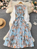 Gwmlk Ethnic Style Print Dress Women Spring New Fashion Puff Sleeve Lace-up Design Sheath 2024 Retro A-Line Long Dress