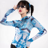 Gwmlk Ice Silk Sun Protection Mesh T-shirt for Women 2024 Summer New Blue Tie Dye Tee Shirt Y2k E-Girl Long Sleeve Tops