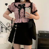 Gwmlk Kawaii Peter Pan Collar Lace Shirts Women Summer E-Girl Heart Short Sleeve Blouses Y2k Aesthetics Lolita Bottoming Tops