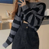 Gwmlk Korean Style Striped Cropped Sweater Women Vintage Oversize Knit Jumper Female Autumn Long Sleeve O-neck Pullovers Tops