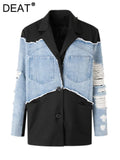 Gwmlk Women's Blazer Notched Collar Patchwork Burrs Edge Denim Broken Holes Loose Suit Jackets 2024 Summer New Fashion LM0107