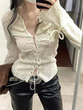 Gwmlk Vintage V-neck Lace Up Shirts Women Spring Sexy Slim Fit White Blusas Mujer Y2k Grunge Long Sleeve Blouses Tops