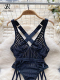 Gwmlk French Style Striped Erotic Playsuits Women Strap Hollow Out Backless Slim Underwear Black Lingerie Sexy Bodysuits