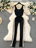 Gwmlk Strap Elastic Wiast Slim Long Rompers Summer Solid Sheath Sporty Style Patchwork Mesh Sheer Sexy Jumpsuits