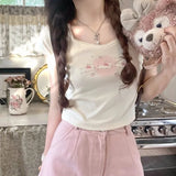 Gwmlk Summer New O-neck Cotton T-shirts Kawaii Cat Print Sweet Fresh Slim Fit Tops Women Y2k E-Girl Short Sleeve Tee Shirt