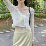Gwmlk Women Summer Sun Protection Coat Lace Bow Ruffle Cardigan Shirt Female Blouse Tops for Woman Covers Blusa White Y2K Korean Shirt
