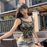 Gwmlk Vintage Camouflage Vest for Women 2024 Summer New Slim Fit Tank Top Y2k E-Girl Sexy Off Shoulder Camisole Tops