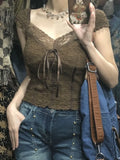 Gwmlk Retro Brown Textured Lace T-shirt for Women 2024 Summer V-neck Bow Tees Y2k E-Girl Slim Fit Short Sleeve Tops Female