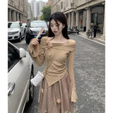 Gwmlk Irregular Long Sleeve Slim Fit Tops Women+ Y2k E-Girl High Waist Ruched A-line Skirts 2024 Autumn Two Piece Sets