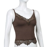 Gwmlk Aesthetic Lace Patchwork Tank Tops For Women Sexy V-Neck Brown Retro Crop Tops Summer Fashion Casual Camisole