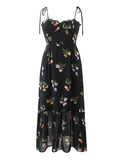 Gwmlk Summer Fashion Women French Style Floral Print Sling Chiffon Dress Vintage Black Female Midi Robe Prairie Chic Vestido