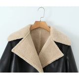 Gwmlk Lambswool Patchwork Faux Leather Short Jacket Women Vintage With Belt Long Sleeve Warm Autumn Winter Coat