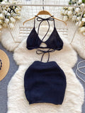 Gwmlk Hotsweet Female Beach Suits Strapless Halter Sexy Camis+Drawstring Basics Slim Skirt Fashion Knitted Two Pieces Suit