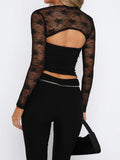 Gwmlk Lace Sheer Tops for Women Long Sleeve Fairycore Grunge Crop Tops Floral See Through Shirts Sexy Mesh Going Out Blouses