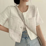 Gwmlk Chic O-neck Double Pockets Coat Women Summer Pearl Button Breasted Jackets Loose Short Sleeve Tweed Jacket