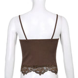 Gwmlk Aesthetic Lace Patchwork Tank Tops For Women Sexy V-Neck Brown Retro Crop Tops Summer Fashion Casual Camisole