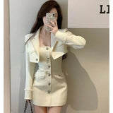 Gwmlk Sets Roupas Femme Temperament 2 Piece Women Chic Tassel Long Sleeve Crop Coat Mini Bodycon Dresses Suit Y2k Outfits