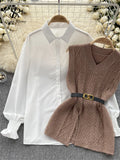 Gwmlk Office Lady Knitted Sweater Warm Thick Knit Vest+Single Breasted Lantern Sleeve Blouse 2024 Women Pullover Shirt Suits