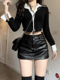 Gwmlk Fake Two Piece Lapel Neck Long Sleeve Tops Women+ Y2k High Waist Pu Black Leather Skirts 2024 Spring New Sets