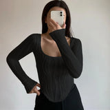 Gwmlk Square Neck Women Long Sleeve Crop Top White Summer Autumn Basic Casual T Shirts Vintage 90s Y2K Sexy Clothes Gothic