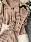 Gwmlk Senior Knitted Suits Fashion Metal Button Vest+V Neck Long Sleeves Cardigans+Wide Legs Pants Stripe Three Pieces Sets