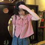 Gwmlk Sweet Peter Pan Collar Shirts Women 2024 Spring New Red Plaid Blusas Mujer Y2k Grunge Puff Sleeve All-match Blouses