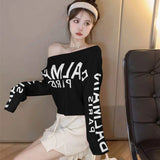 Gwmlk Lazy Letter Print Sweaters Mujer Autumn Slash Neck Knitted Tops Women Y2k E-Girl Long Sleeve Bottoming Pullovers