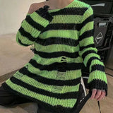 Gwmlk Punk Gothic Sweater Oversized Pullovers Women Striped Cool Hollow Out Hole Broken Jumper Harajuku Aesthetics Sweater