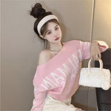 Gwmlk Lazy Letter Print Sweaters Mujer Autumn Slash Neck Knitted Tops Women Y2k E-Girl Long Sleeve Bottoming Pullovers