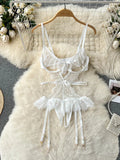 Gwmlk 2024 Lace Mesh Sensual Bodysuits Women Tansparent Backless Slim Playsuits Korean Hollow Out Erotic Underwear Rompers