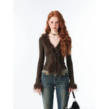 Gwmlk Vintage V-neck Lace Up Furry Plush Cardigan Women Spring Crop Top Long Sleeve Sweaters Sexy Slim Fit Bottoming Tops