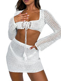 Gwmlk Women Sexy Crochet Knit 2 Piece Outfit Hollow Out Swimwear Bikini Cover Ups See Through Mini Bodycon Beach Sarongs Dress