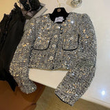 Gwmlk Heavy Sequins Starlight Silver Jackets Spring Long Sleeve Coat Women Y2k Grunge O-neck Single Breasted Tops Mujer