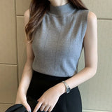 Gwmlk New Korean Fashion Half Turtleneck Ladies Tops Women Tops Casual Clothes Sleeveless Solid Women Blouse Knit Elastic