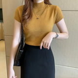 Gwmlk Summer Half Turtleneck Slim Knitted T-shirt Women Elegant Solid Short Sleeve Casual Versatile Pullover Casual Skinny Tops