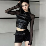 Gwmlk Sexy Crop Top Black Leather T-shirts 2024 Autumn New Slim Fit Tee Shirt Y2k E-Girl Long Sleeve Mesh Tops Women