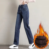 Gwmlk Winter Thick Warm Fleece Women Straight Jeans Women Classic High Waist Thicken Fashion Warm Denim Pants Retro Cowboy Trouser