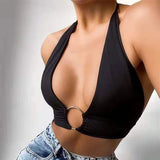 Gwmlk Womens Sexy Sleeveless Ring Linked Vest Halter Short Tank Tops Backless Ring Connect Slim Fit Vest Casual Style Tops Slim Tops