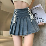 Gwmlk Chic Blue Denim Skirt for Women 2024 Summer New High Waist A-line Skirts Y2k E-Girl Drawstring Bow Faldas Mujer