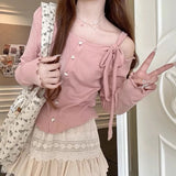 Gwmlk Sweet Off Shoulder Bow Lace Up Sweaters 2024 New Slim Fit Pink Tops Women Y2k Grunge Long Sleeve Cardigan Mujer