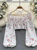 Gwmlk Summer French Style Print Short Blouse 2024 Long Sleeves Elastic Beach Top Women Fashion Backless Ruched Floral Blouse