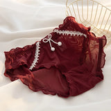 Gwmlk Women's Underwear Panty Sexy Lace Panties Girl Bowknot Wine Red Brief Med Waist Seamless Underpants Female Lingerie Panties